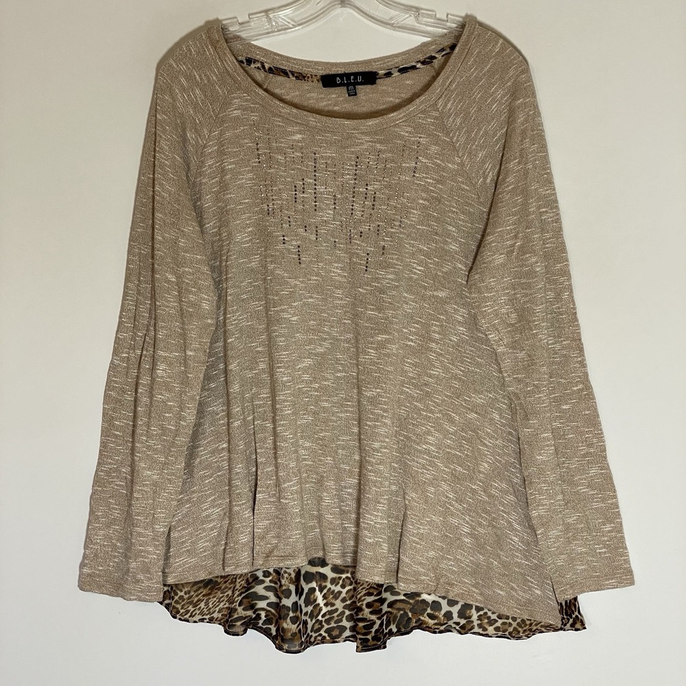 B. L. E. U. Top Womens Medium Leopard‎ Embelished Sheer Boho Hi Lo Casual Nice M